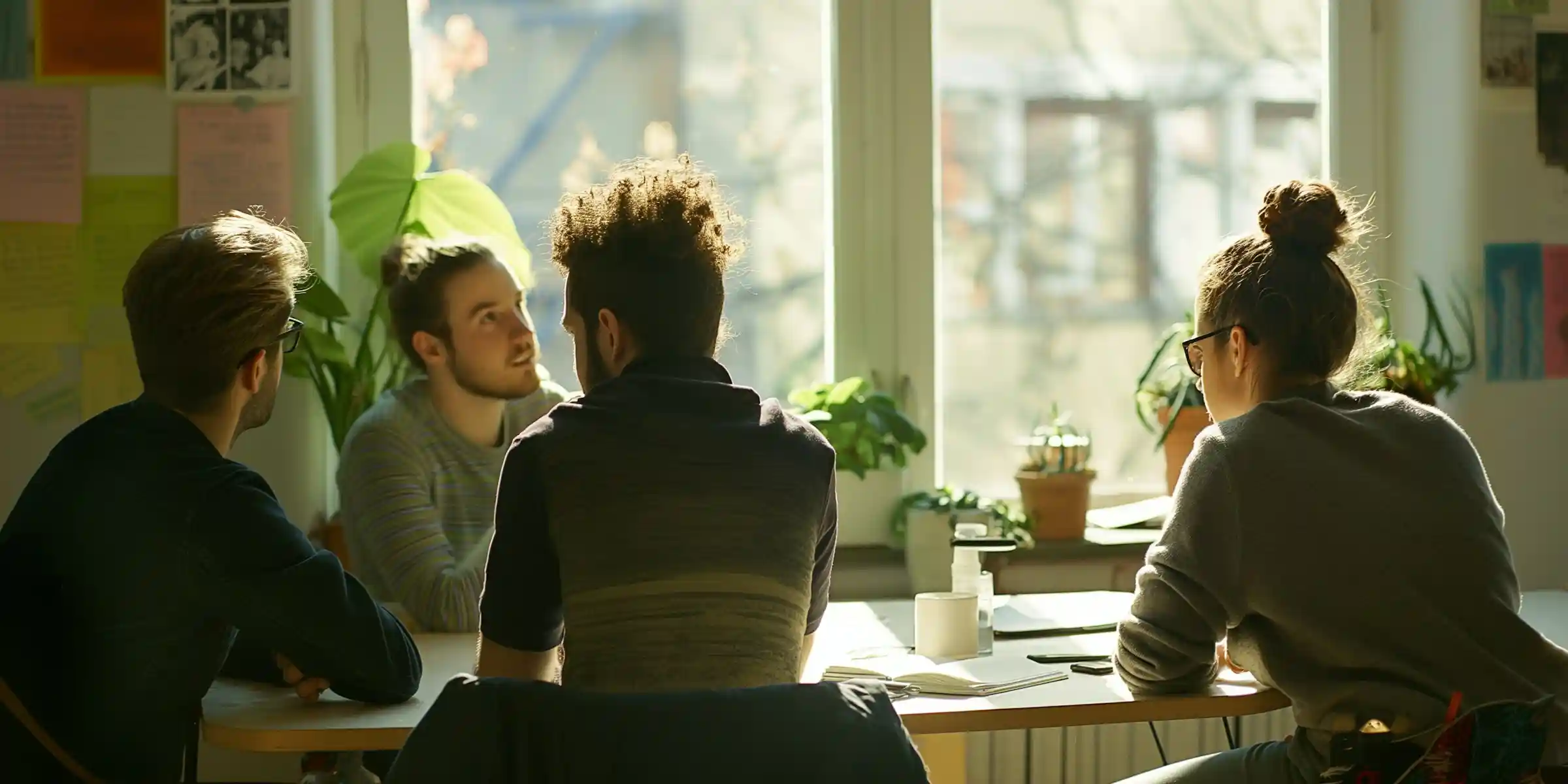 imagen de un grupo de personas conversando en una mesa en un dia soleado 
