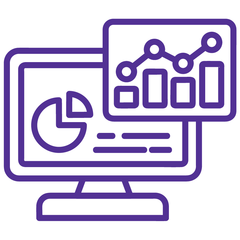 Icono de una computadora con gráfico color morado y fondo oscuro