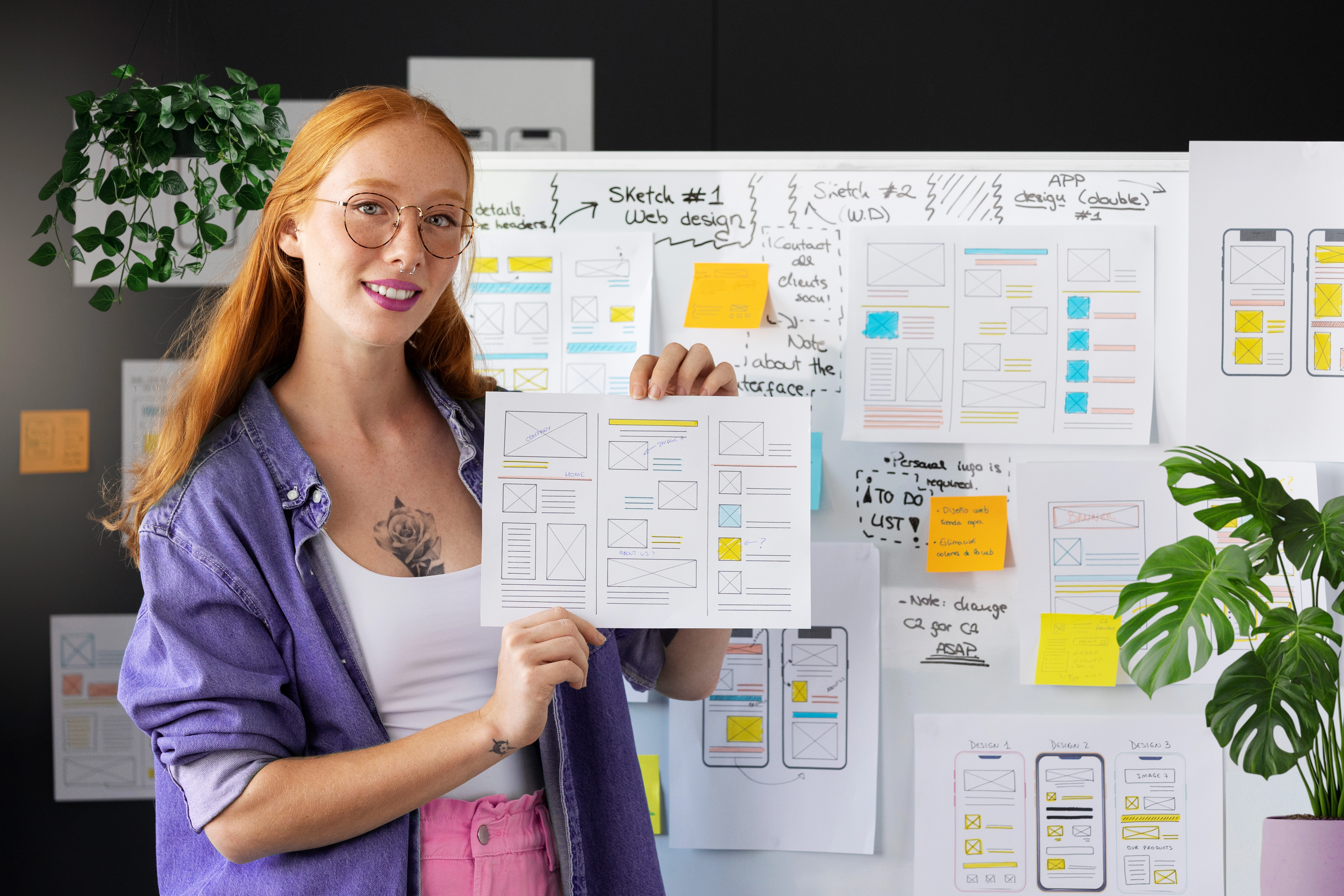 Imagen que muestra a una persona frente a una pizarra con papeles que contienen estrategias de optimización seo para buscadores con el objetivo de desarrollar sitios webs adaptables a cualquier dispositivo