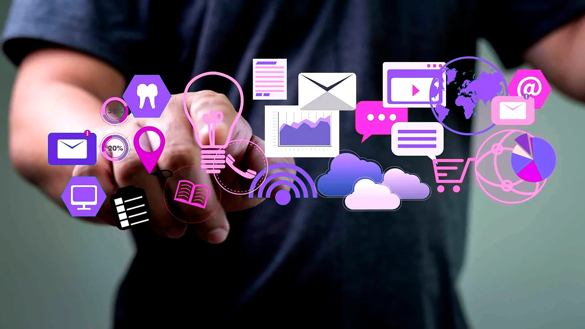 Publicidad Digital, gestión digital, Agencia de Marketing Digimedia Representación visual de estrategias de branding digital con iconos de creatividad, redes sociales, análisis de datos y posicionamiento online, parte de los servicios que ofrece Digimedia agencia de marketing Digital